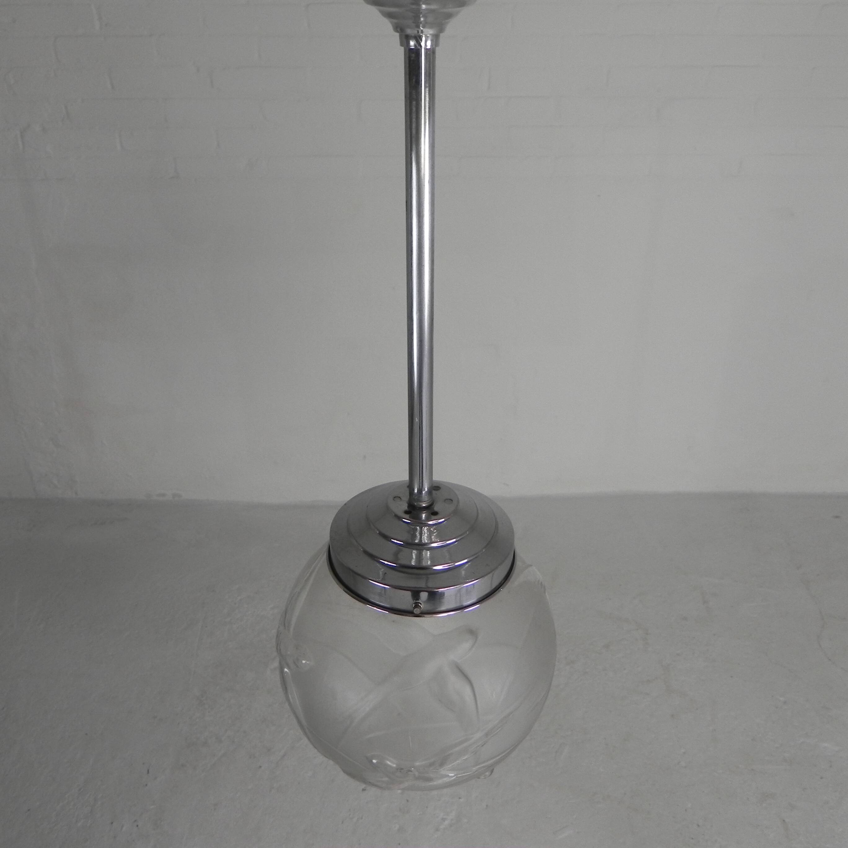 Art Deco pendant light with engraved glass globe and birds, 1930s