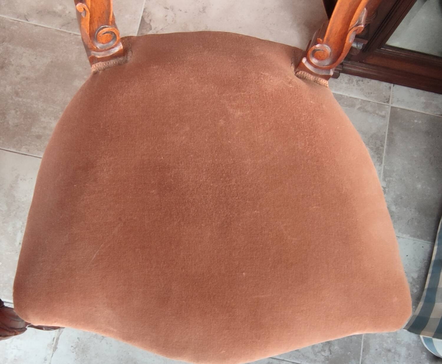 Pair of Old Rockery Chairs with Velvet/Carved Wood Seats