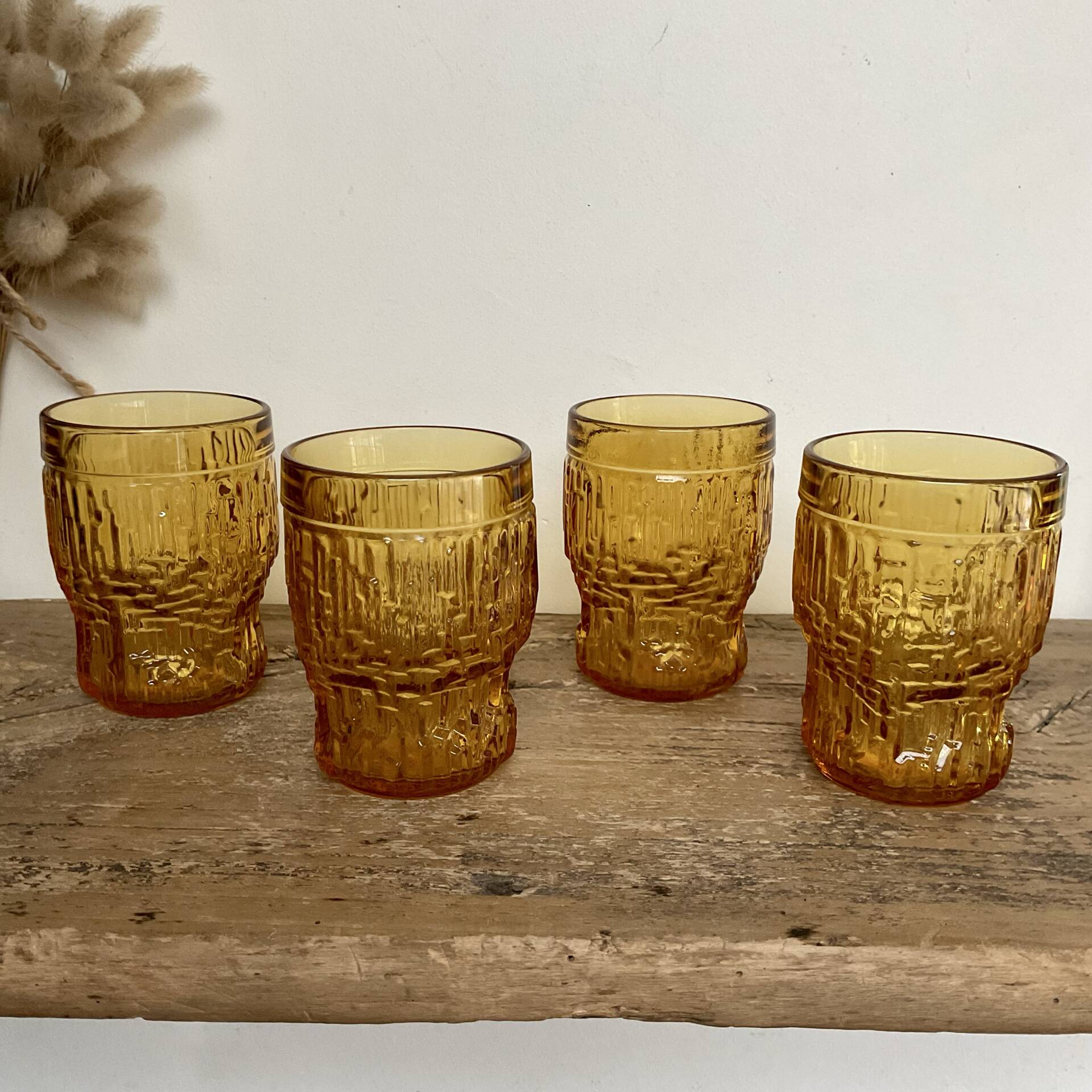 4 vintage amber glasses