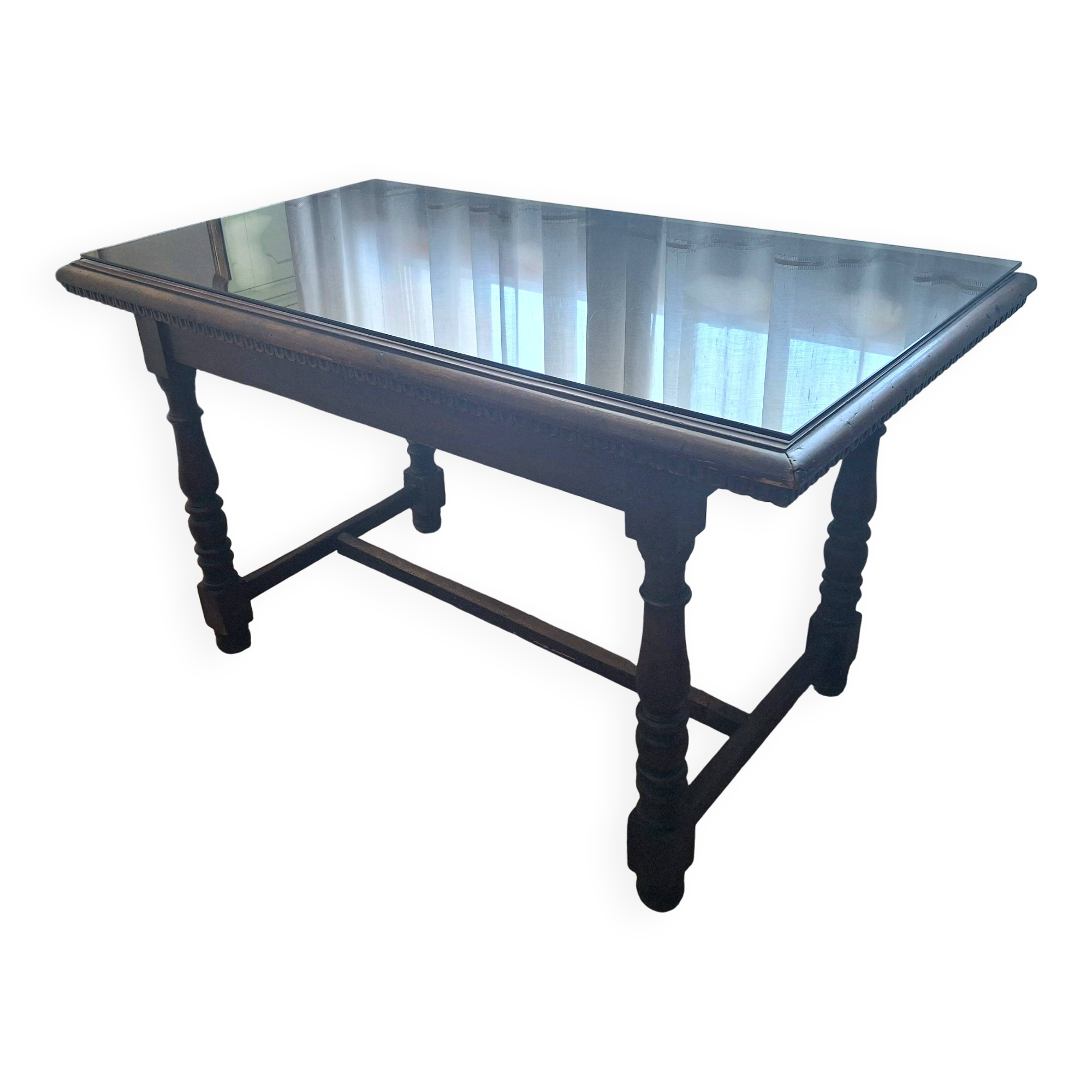 1960s Italian wooden table with a glass top.