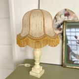 Vintage alabaster lamp base with fringed pagoda shade