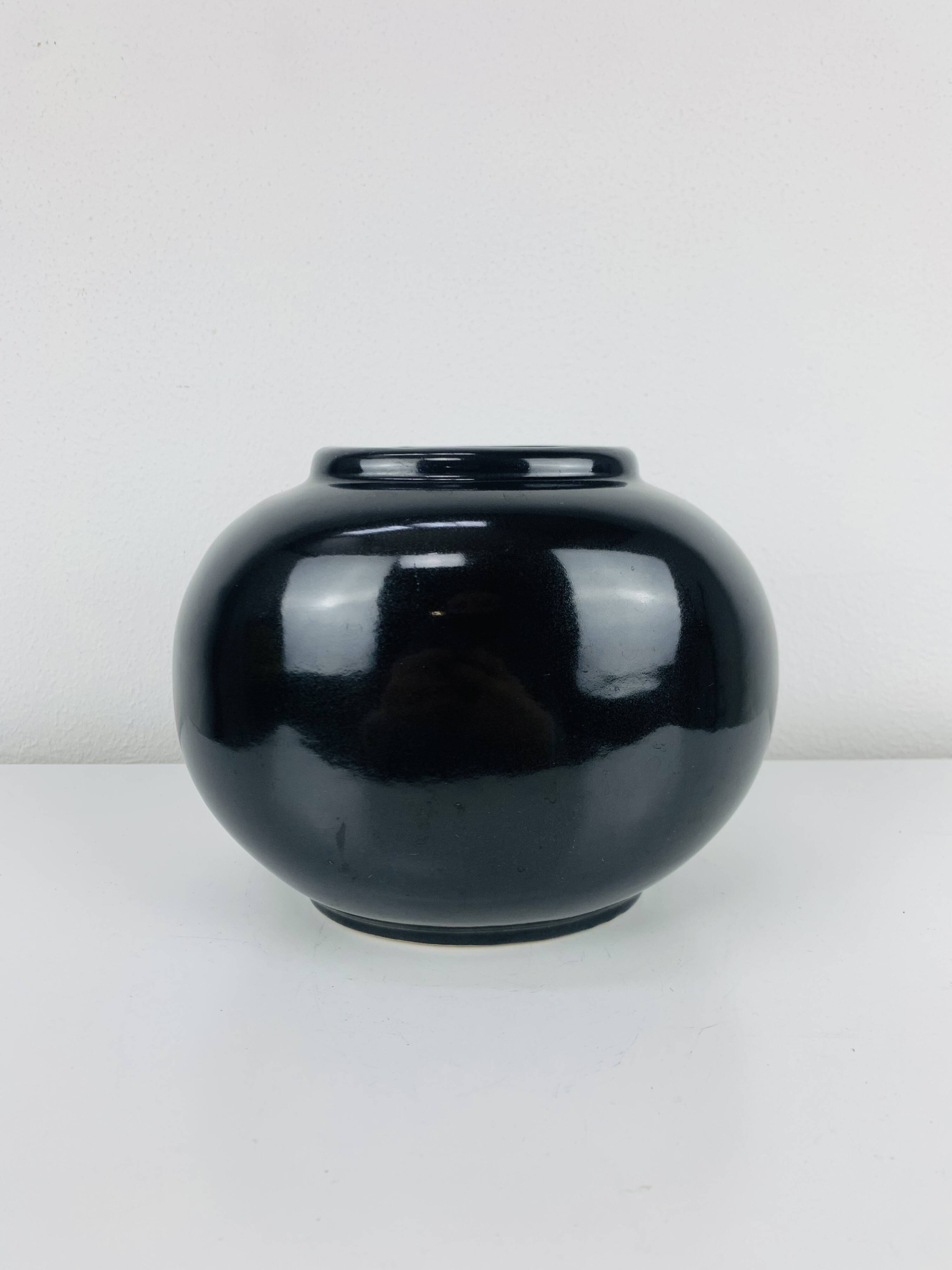 Black ceramic ball vase, West Germany, vintage