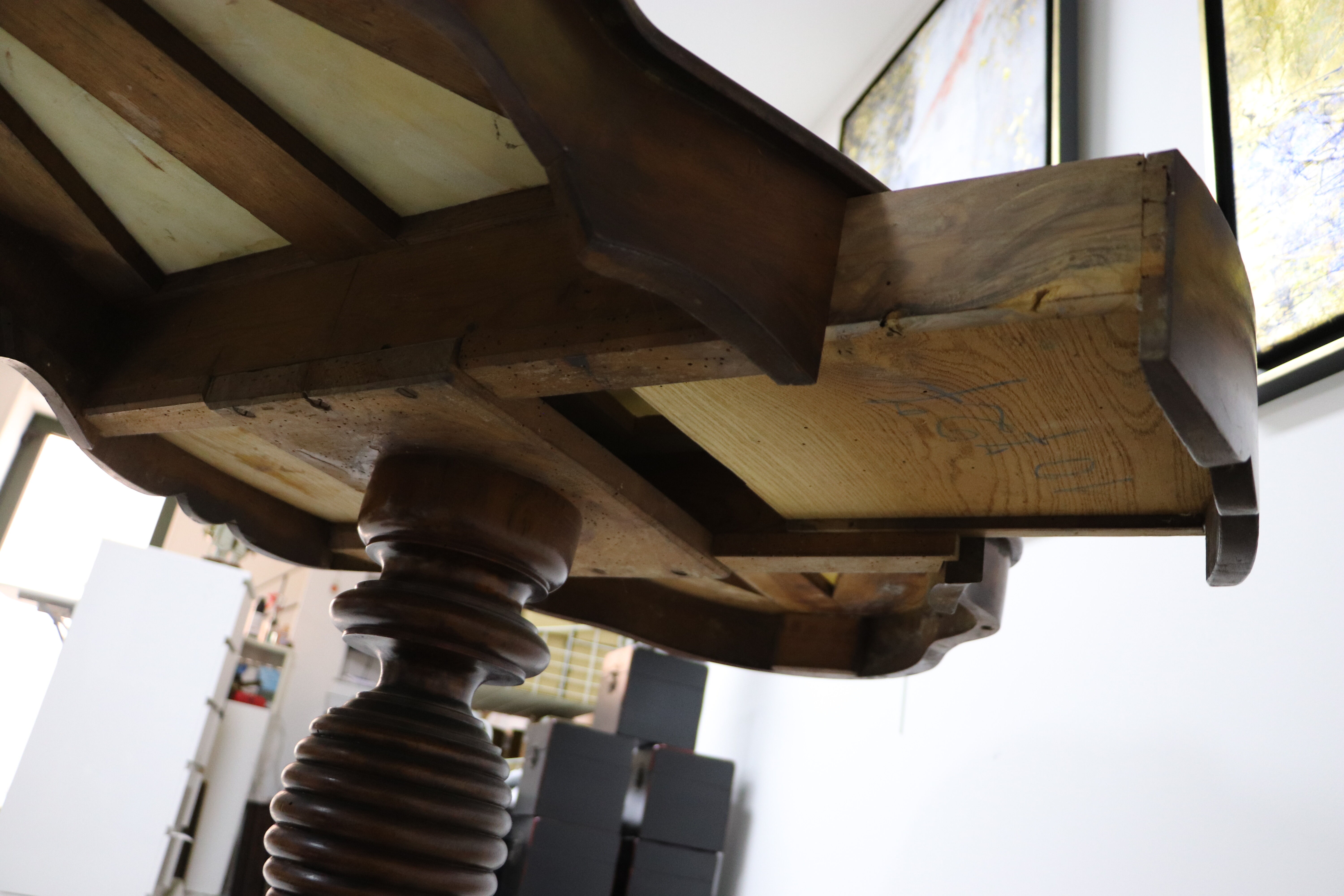 Art Deco wheeled table with 2 walnut drawers on white marble top