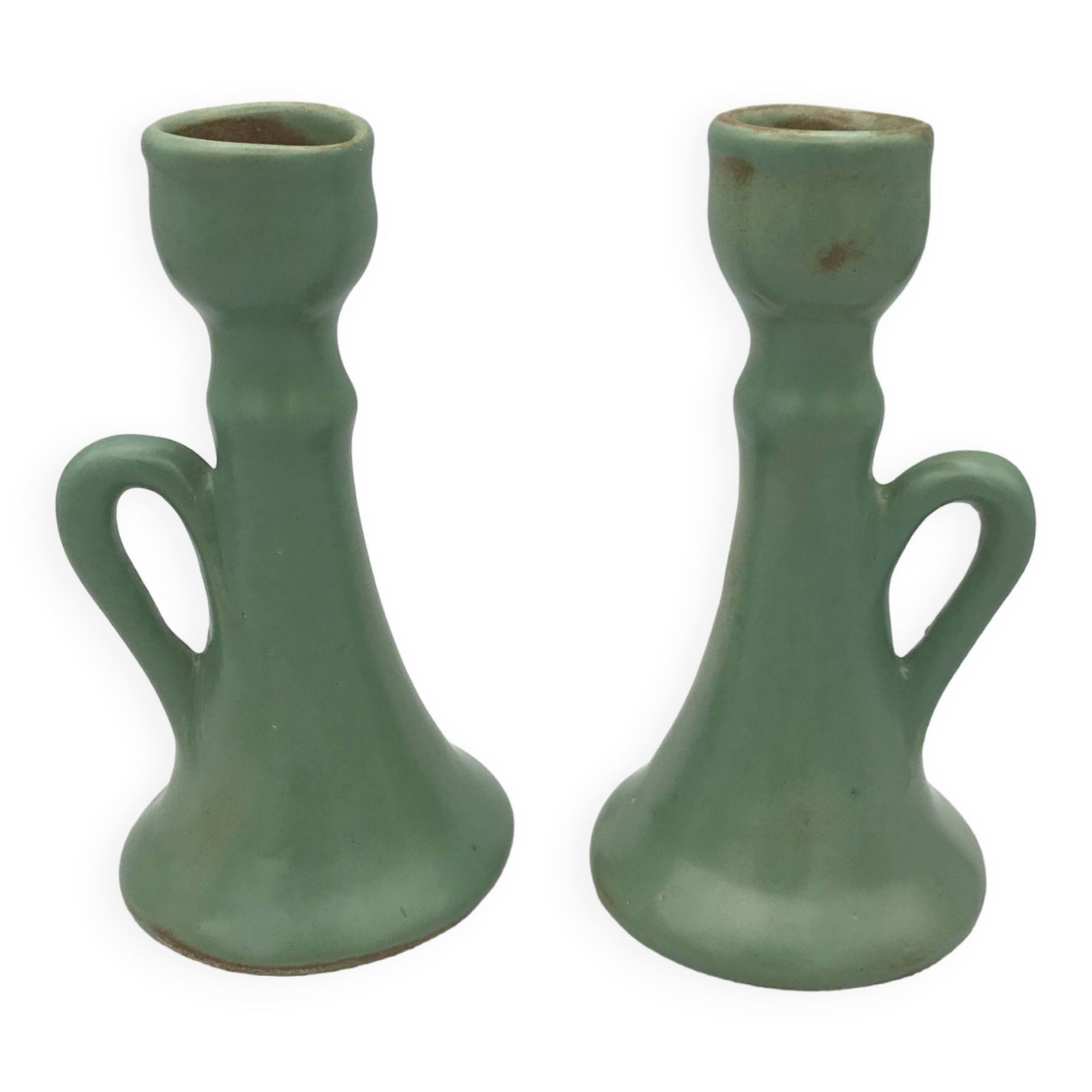 Pair of vintage table candle holders in green enameled ceramic