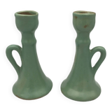 Pair of vintage table candle holders in green enameled ceramic