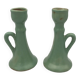 Pair of vintage table candle holders in green enameled ceramic