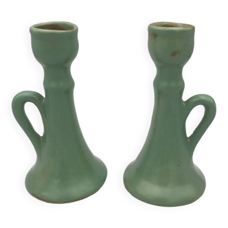 Pair of vintage table candle holders in green enameled ceramic