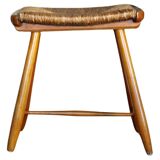 Tabouret style scandinave en paille et bois, années 1950