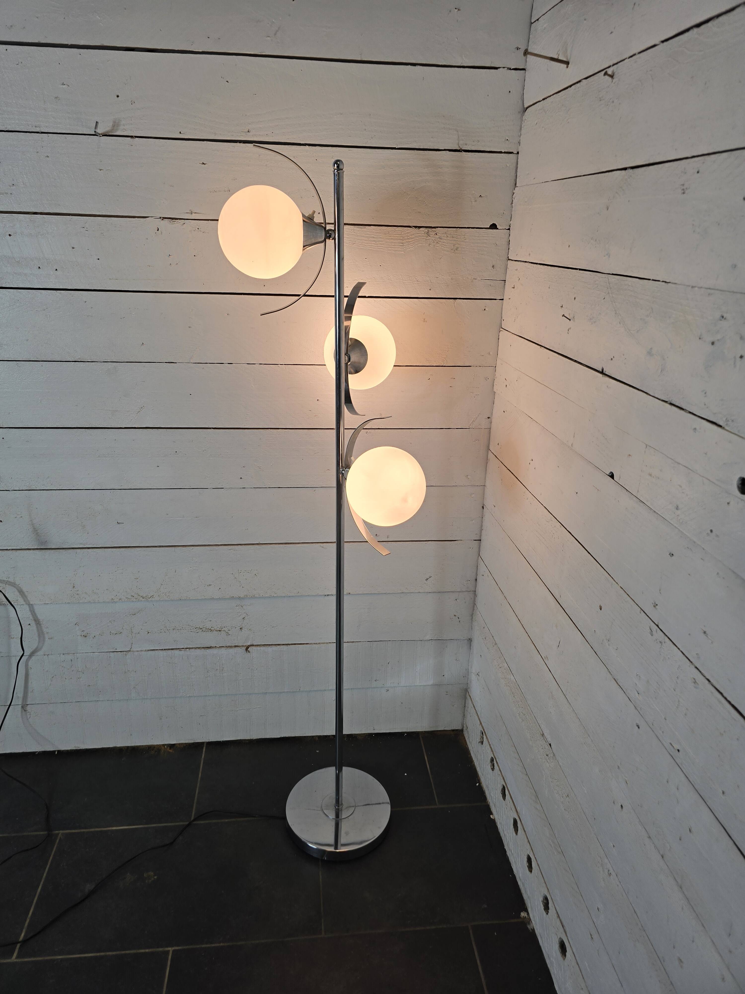 70s chrome metal floor lamp with 3 opaline ball lights