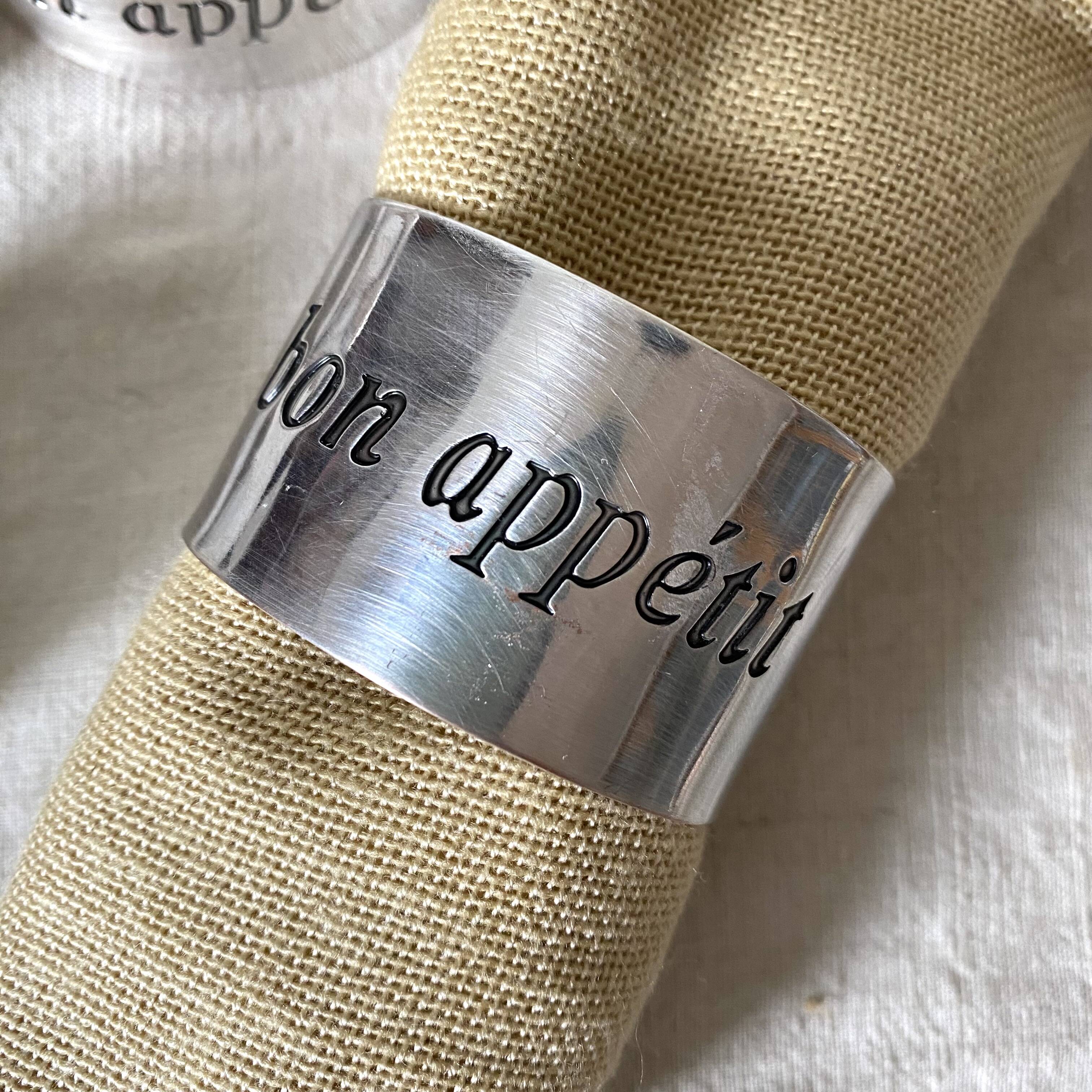 Silver metal napkin rings Bon appetit