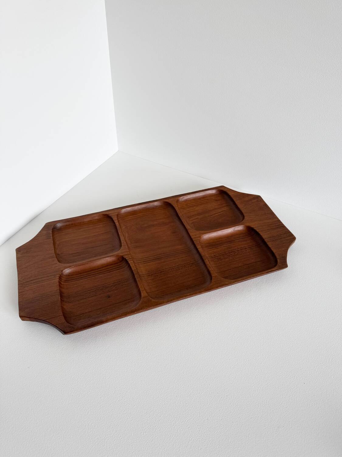 Vintage teak serving tray from the 1950s with compartments.