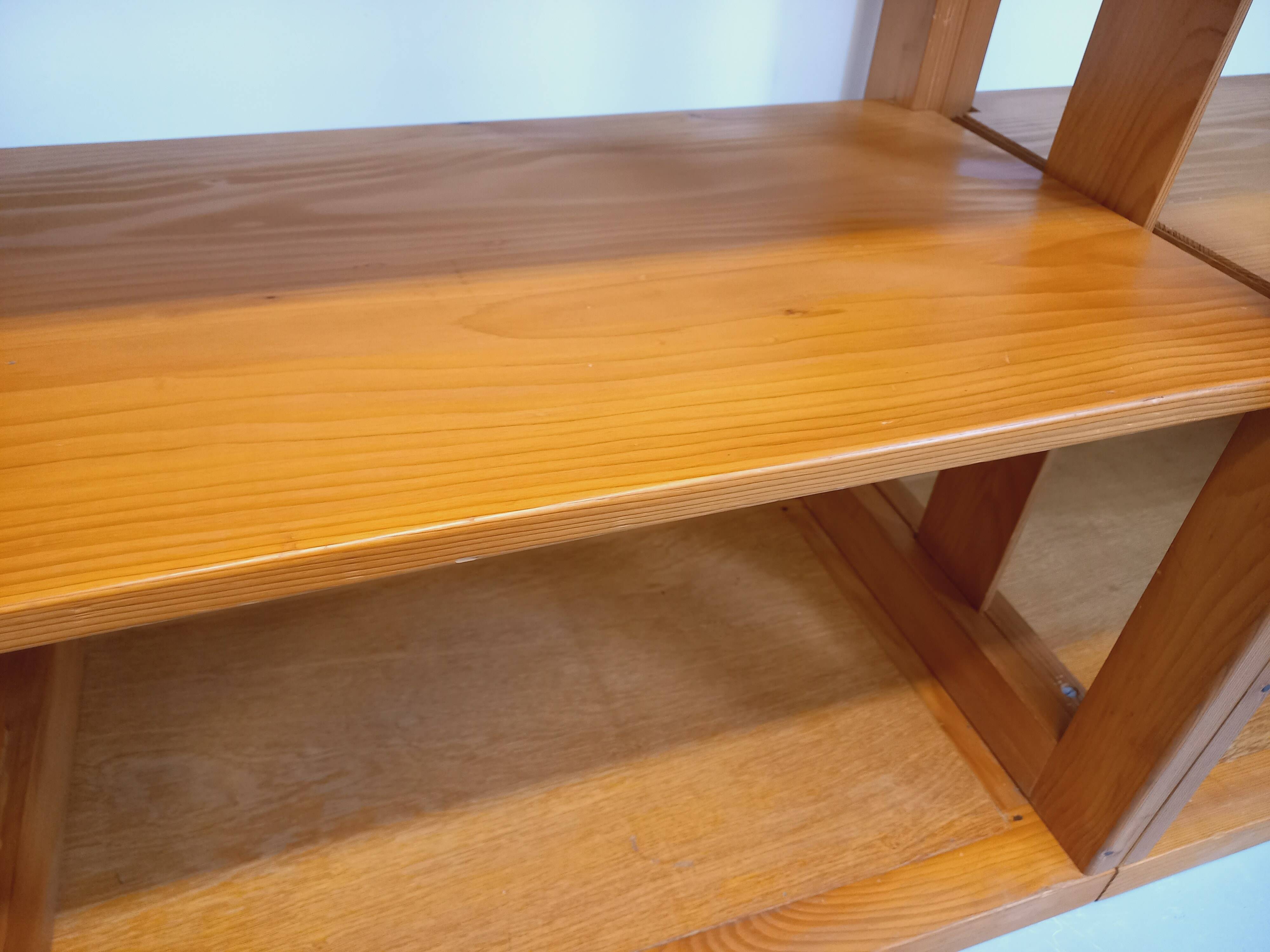 Large modular library of 6 parts with 30 vintage wooden shelves.