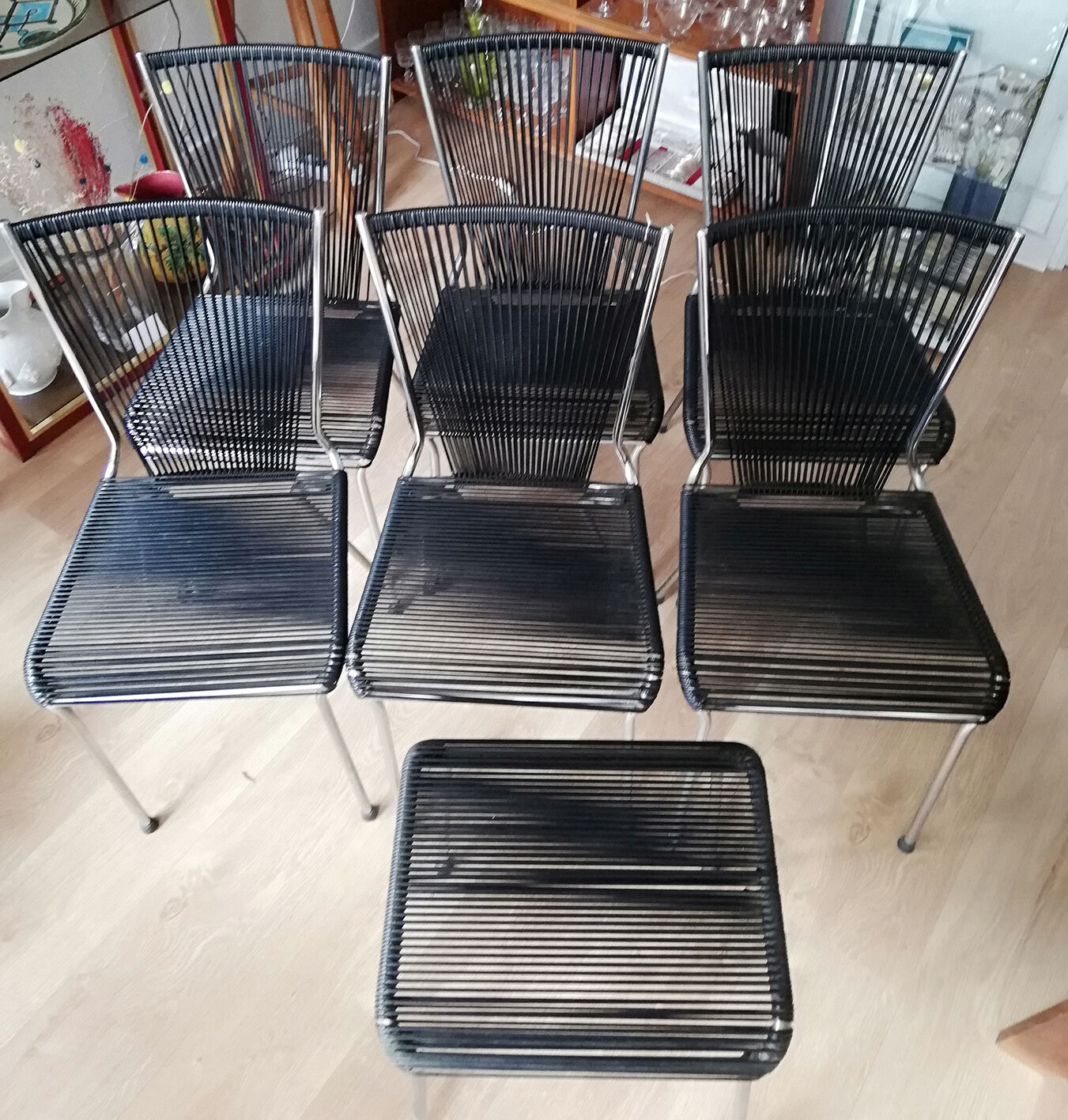 Suite of 6 Chairs and 1 Scoubidou stool André MONPOIX 1960