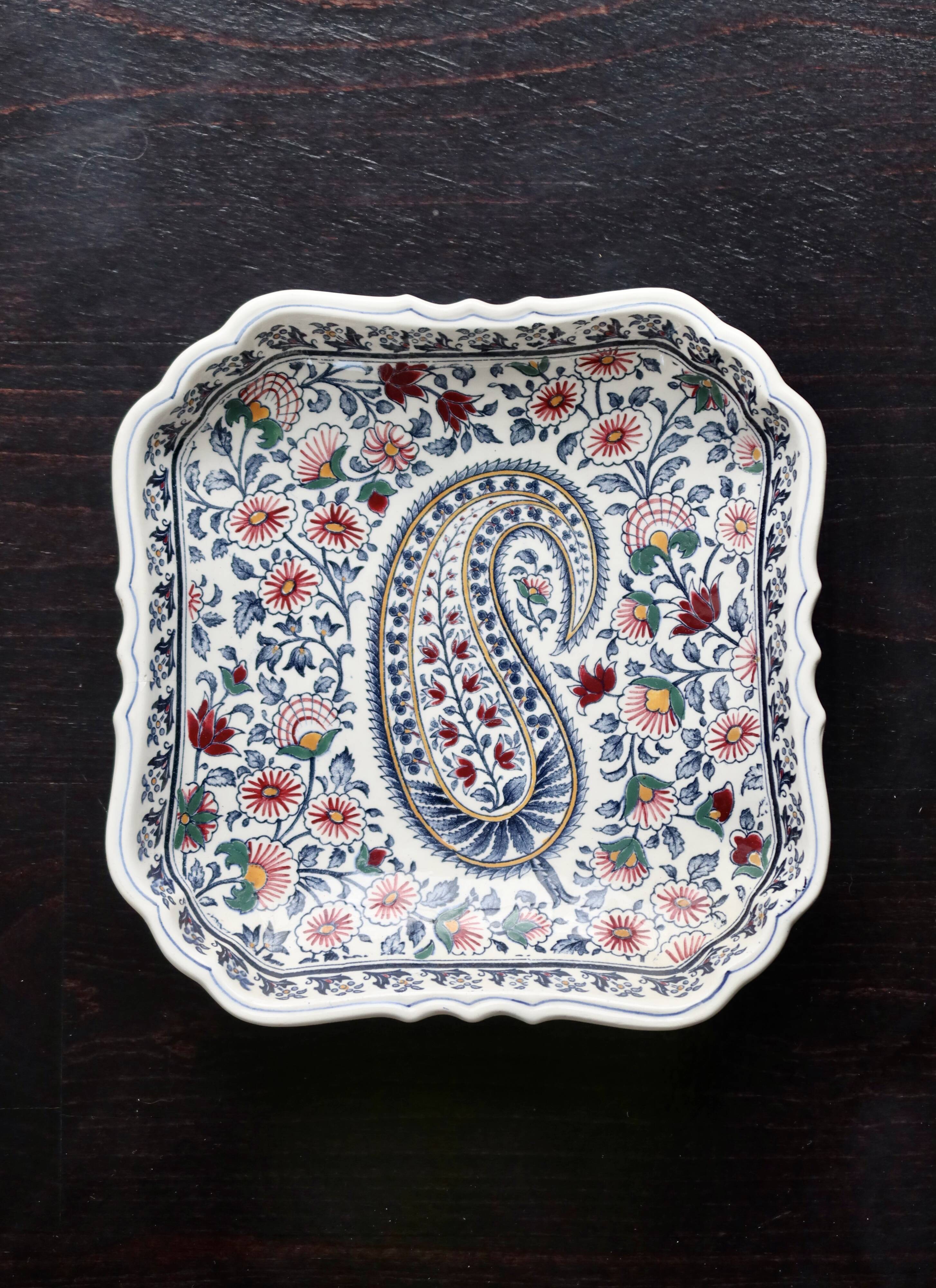 Vintage Gien earthenware square bowl with paisley pattern, 1960s