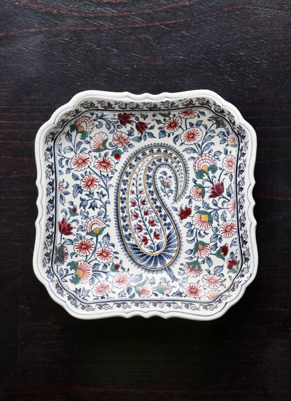 Plat carré creux vintage Gien faïence motif cachemire années 60