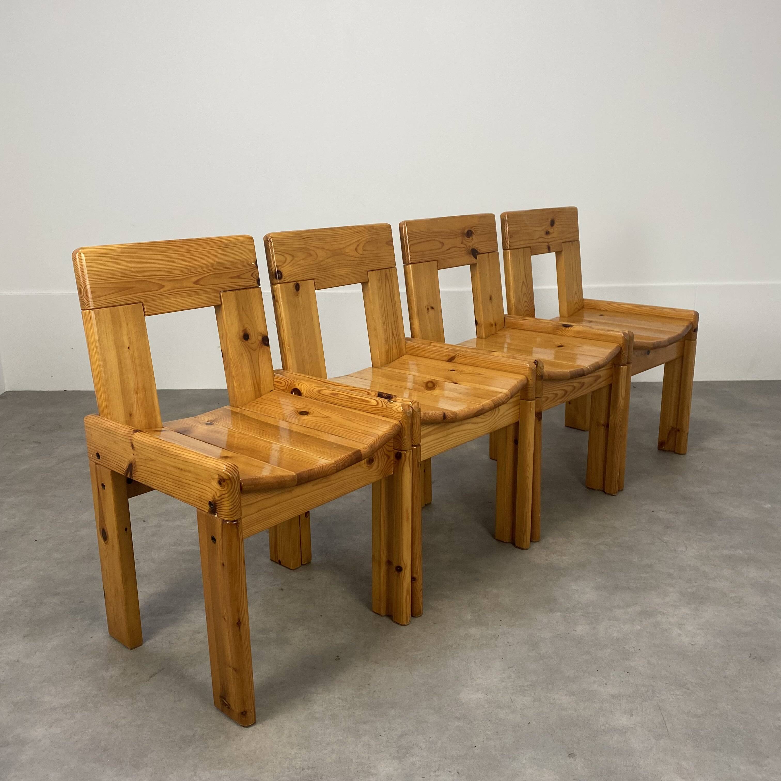 4 brutalist chairs by Silvio Coppola for Roche Bobois, solid pine