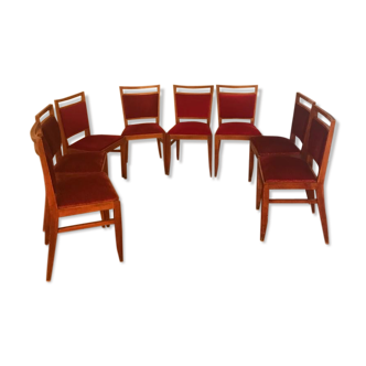 Lot of 8 chairs in walnut, velvet and brass