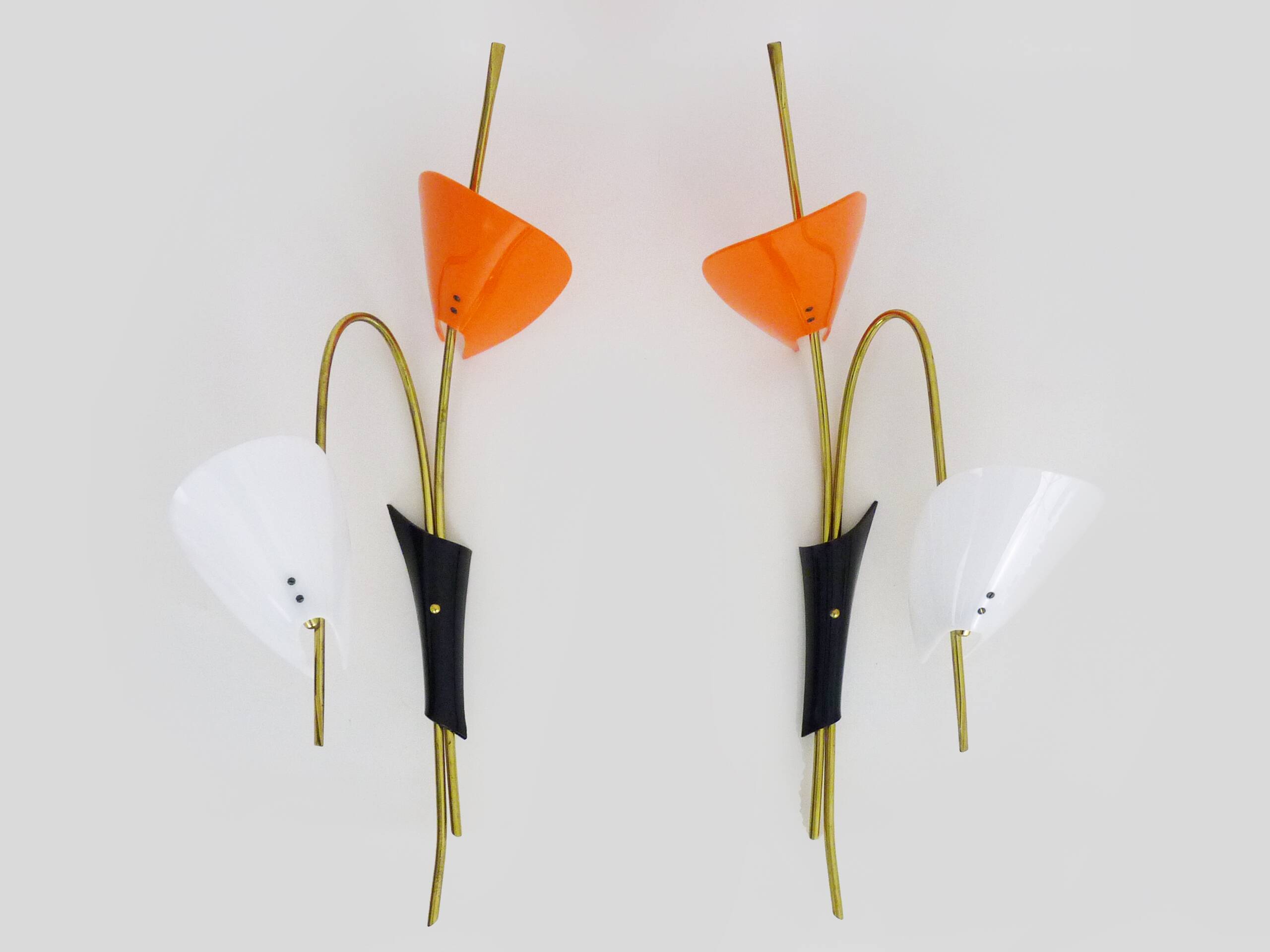 Pair of Mid-Century orange and white Arum wall sconces, Italy, 1950s