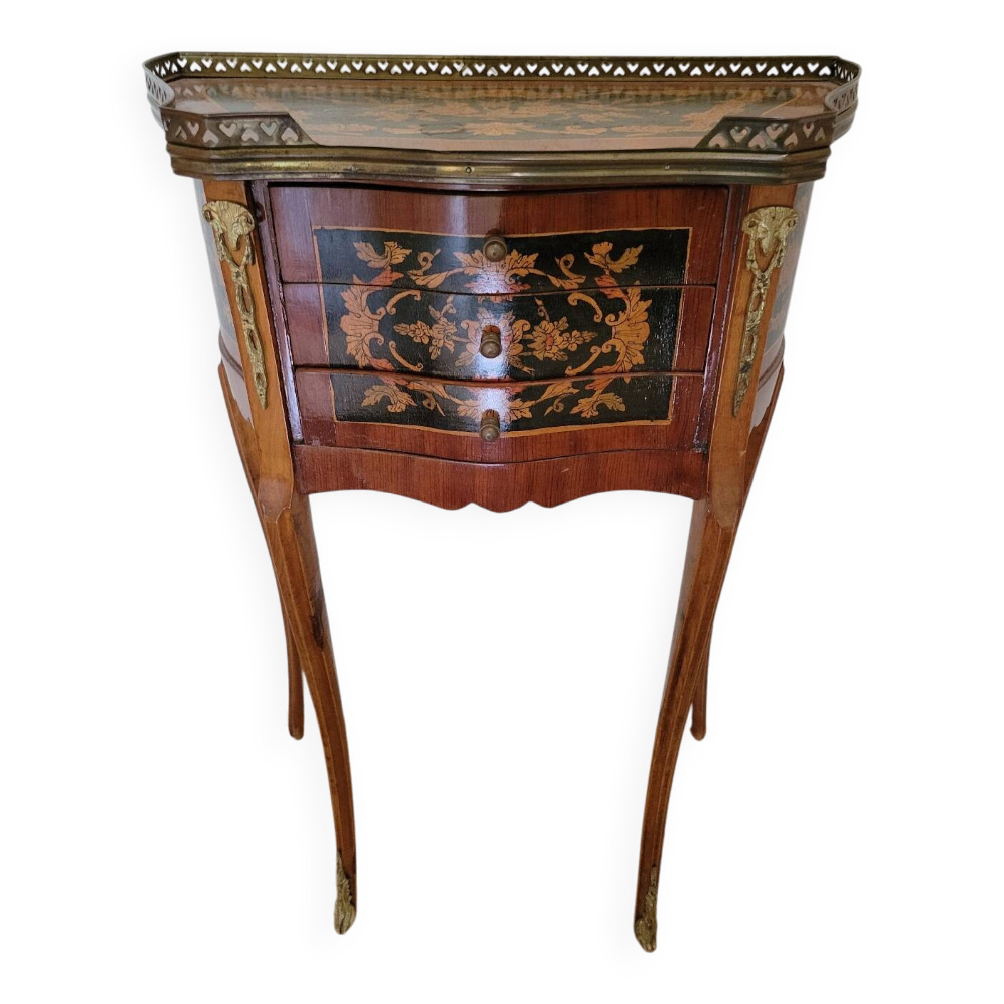 Louis XV bedside table or gueridon with floral motifs, 19th century.