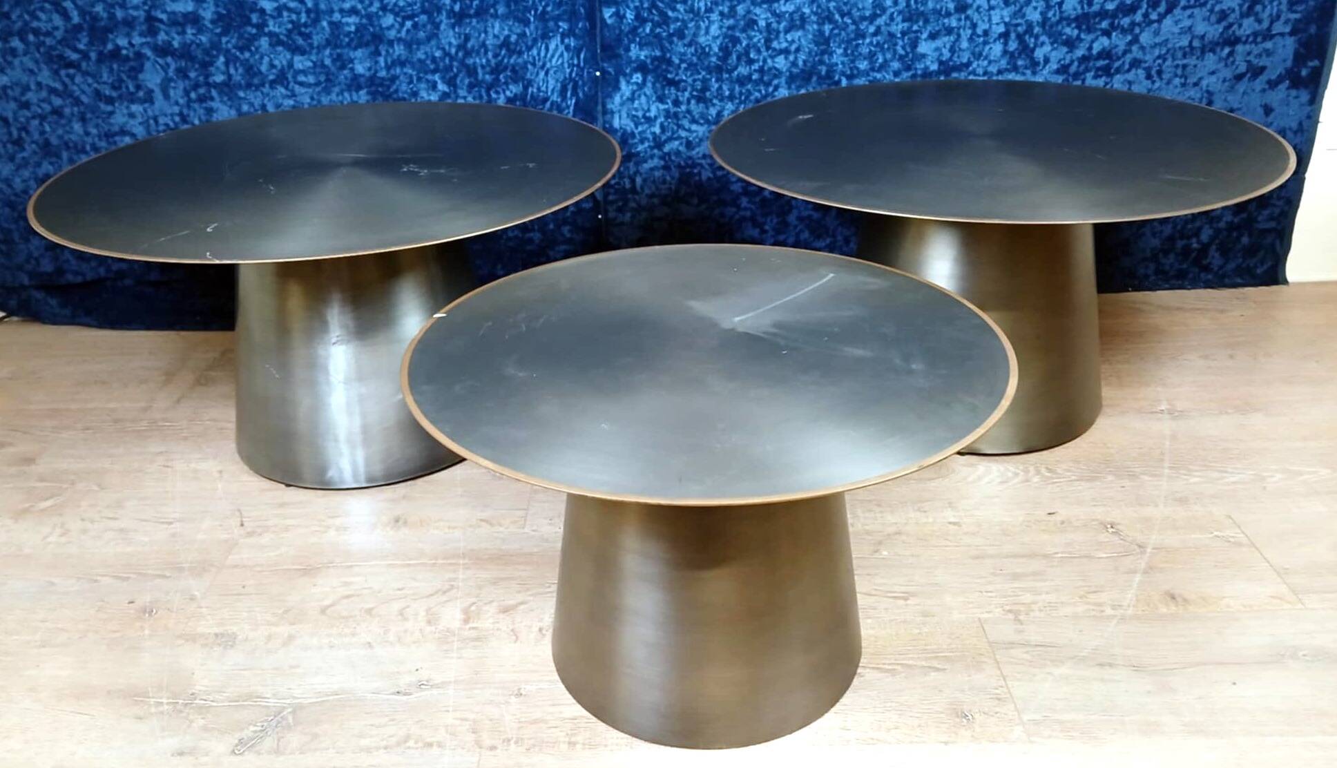 Set of three designer coffee tables in frosted metal, circa 1990/2000