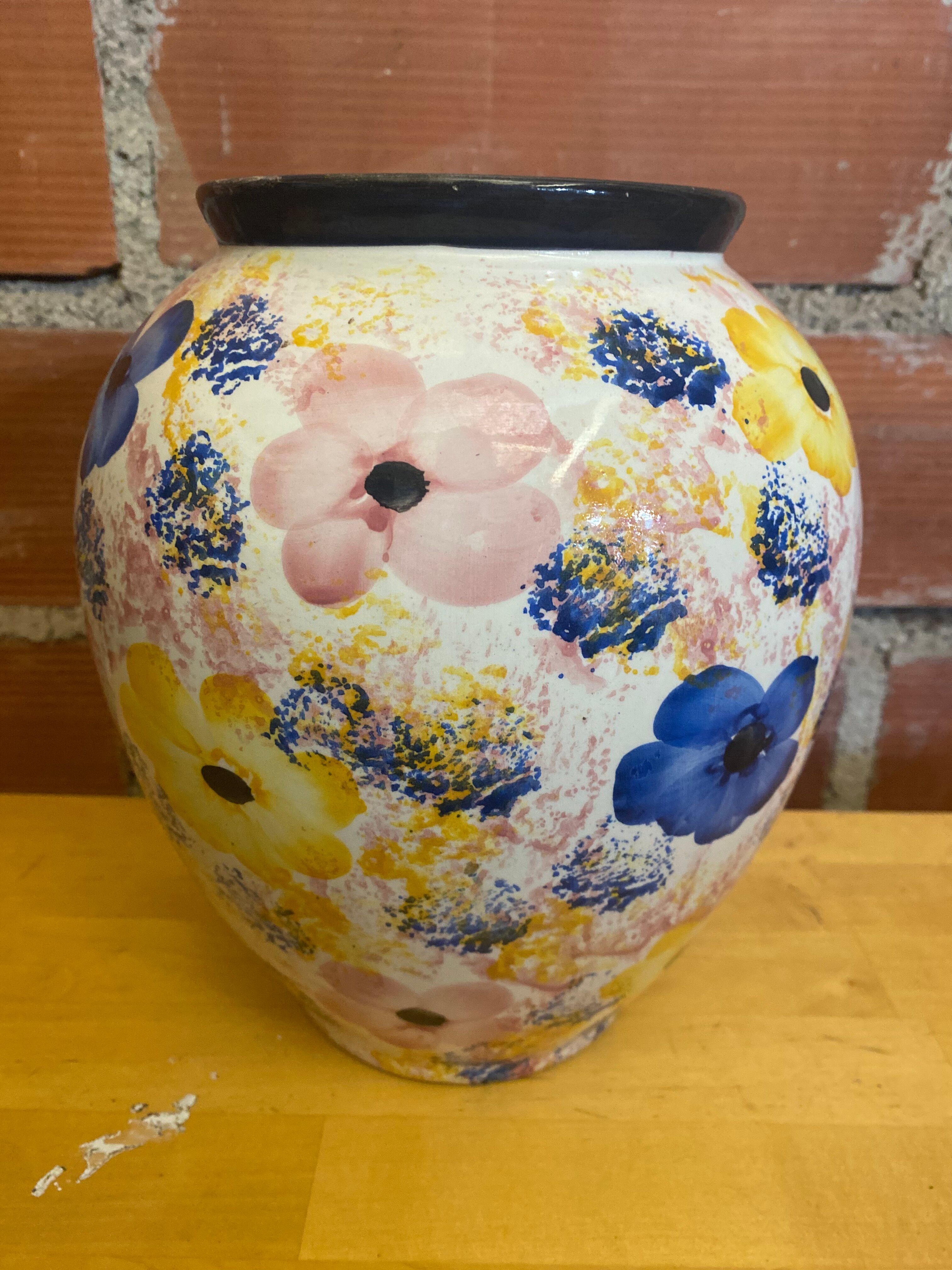 Vintage White Ceramic Round Vase with Polychrome Flower Decoration #D
