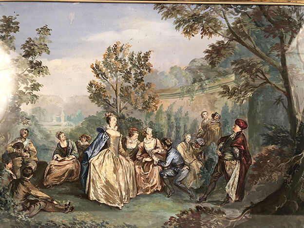 Party in the garden, framed watercolor late nineteenth