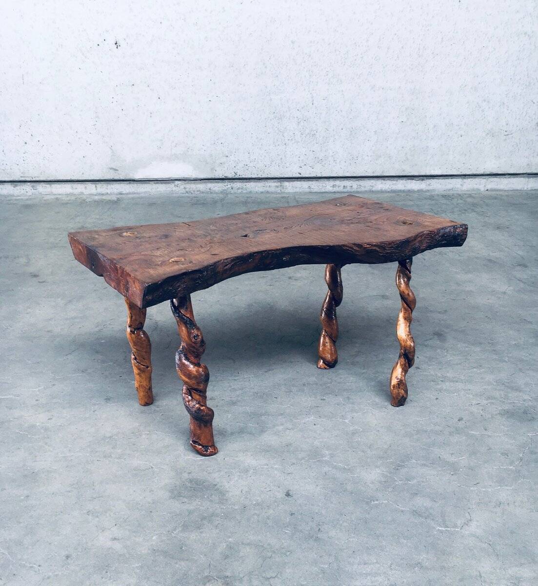 Brutalist Style Handcrafted Oak and Grape Wood Side Table, 1950s