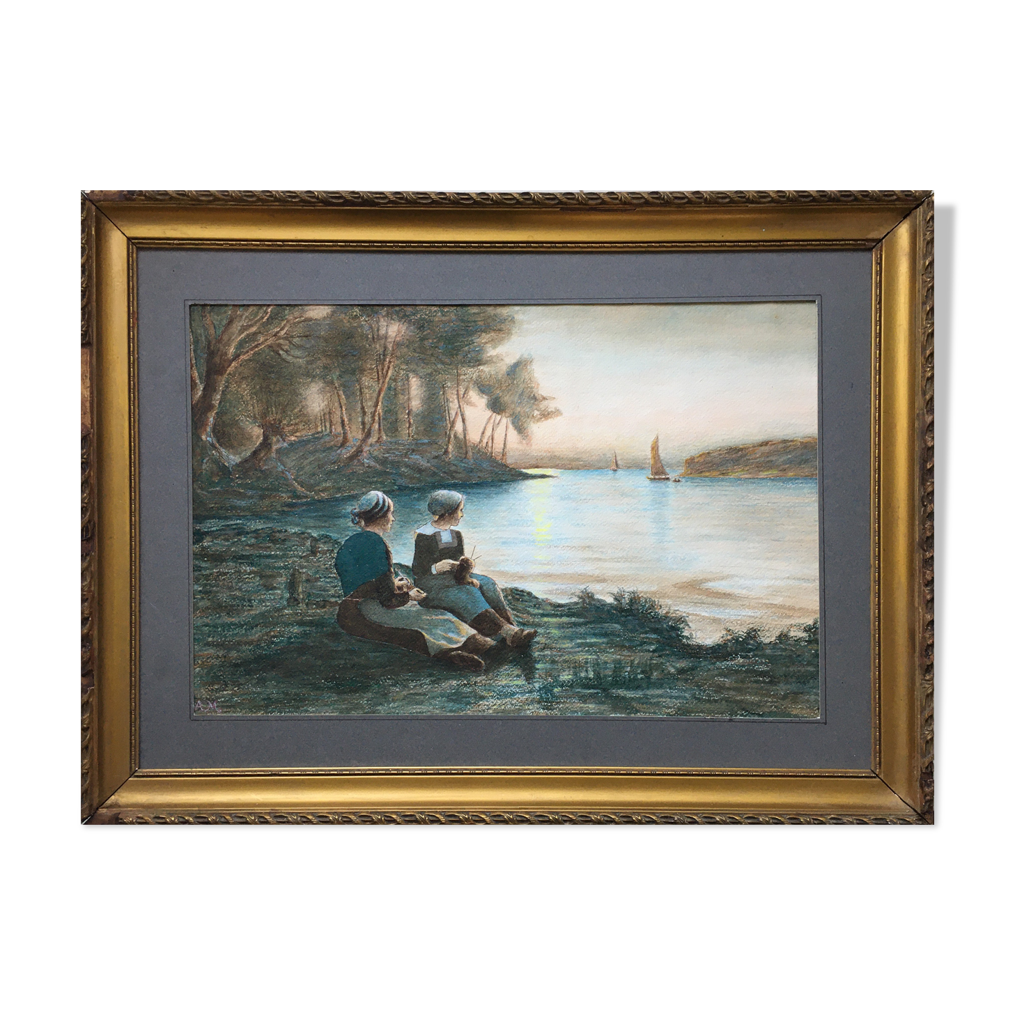 Painting Aquarelle enhanced "Breton Dream" by A.M. early XX