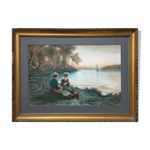 Painting Aquarelle enhanced "Breton Dream" by A.M. early XX