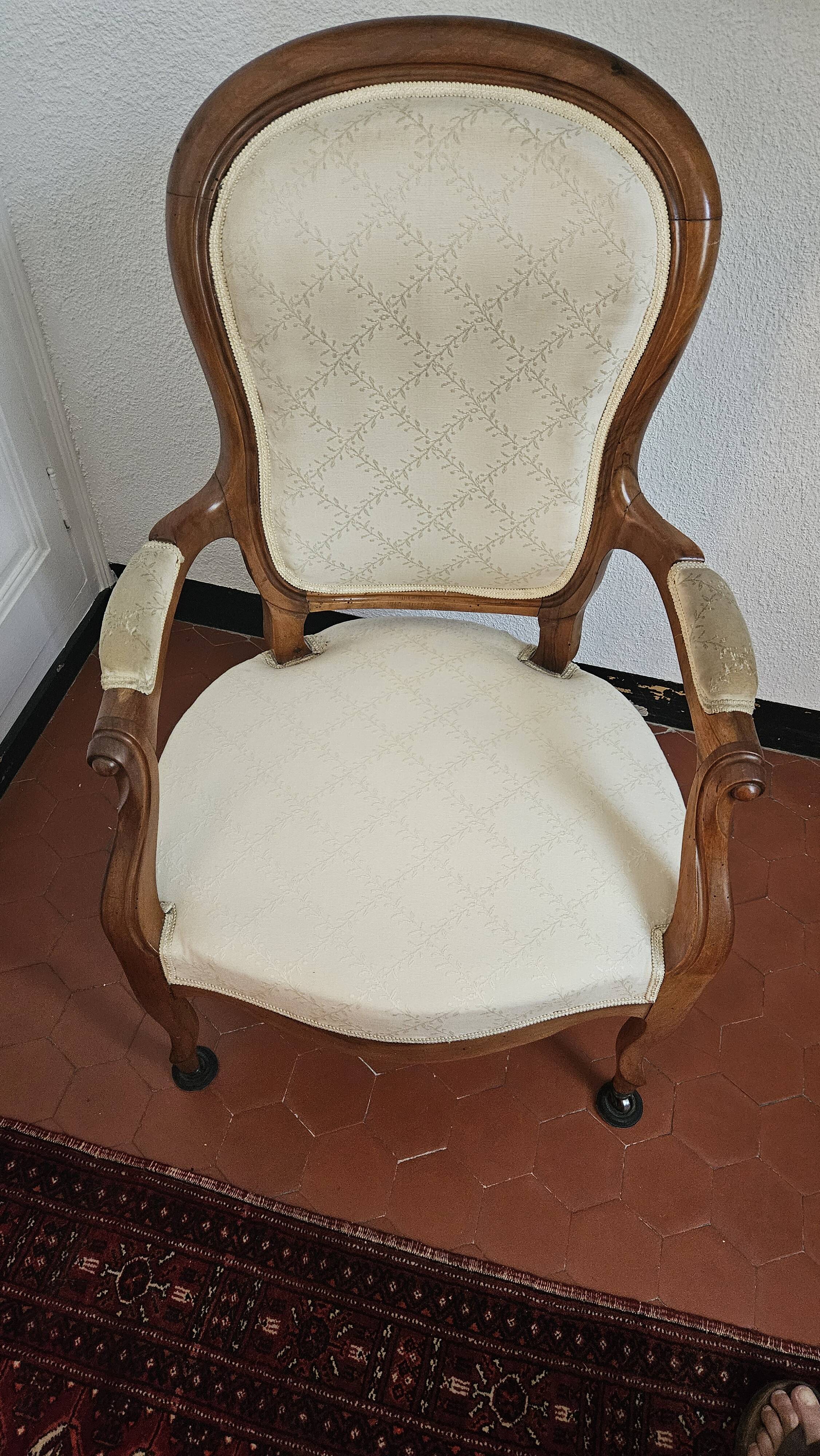 Louis Philippe armchair in walnut wood with white shield upholstery