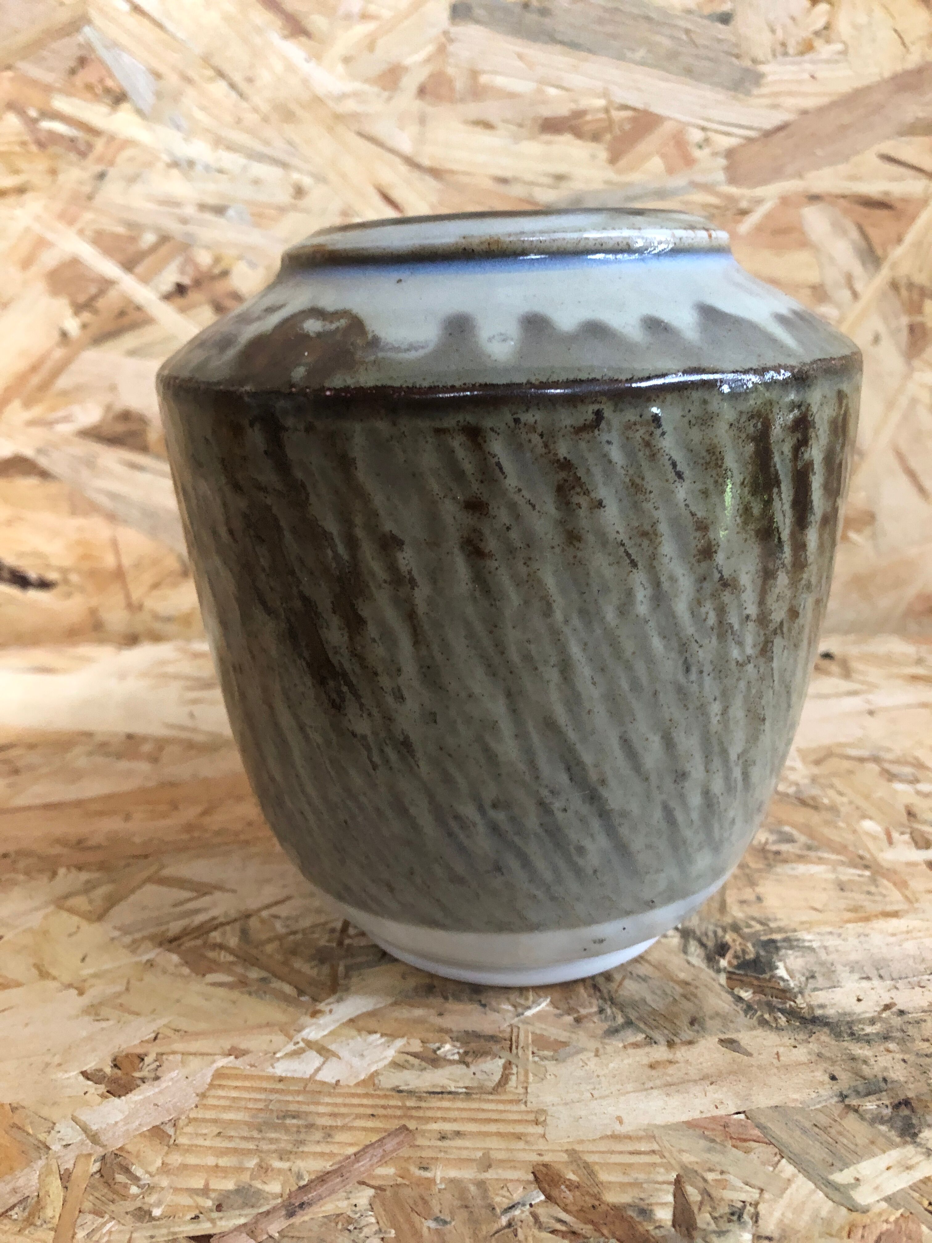 Old Ceramic Vase White Brown Grey 70s Signature Vintage