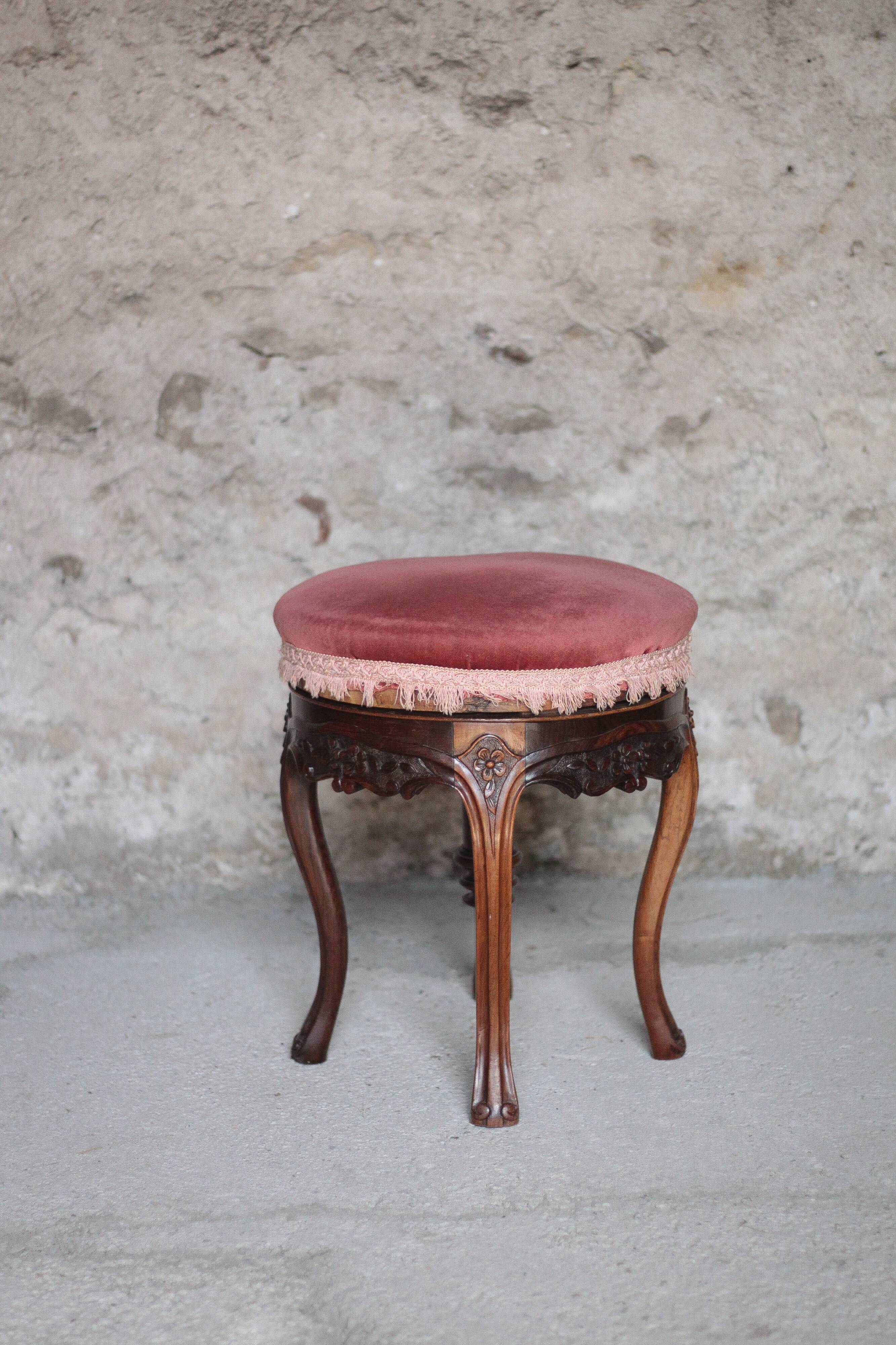 Victorian style stool, wooden and pink velvet stool, piano stool