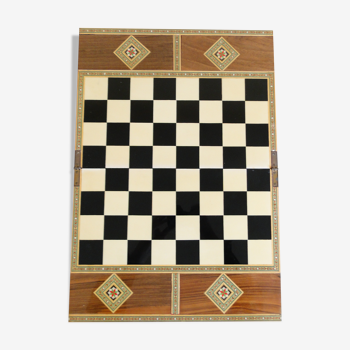 Boîte  vintage de plateau de jeu d'echecs syrienne en bois en mosaïque incrustée marquetterie