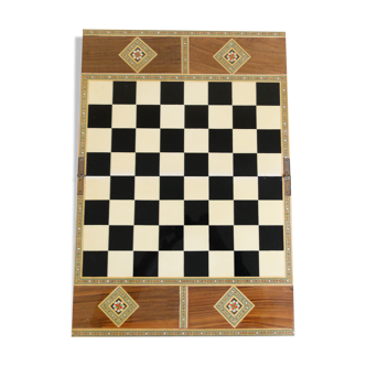 Boîte  vintage de plateau de jeu d'echecs syrienne en bois en mosaïque incrustée marquetterie
