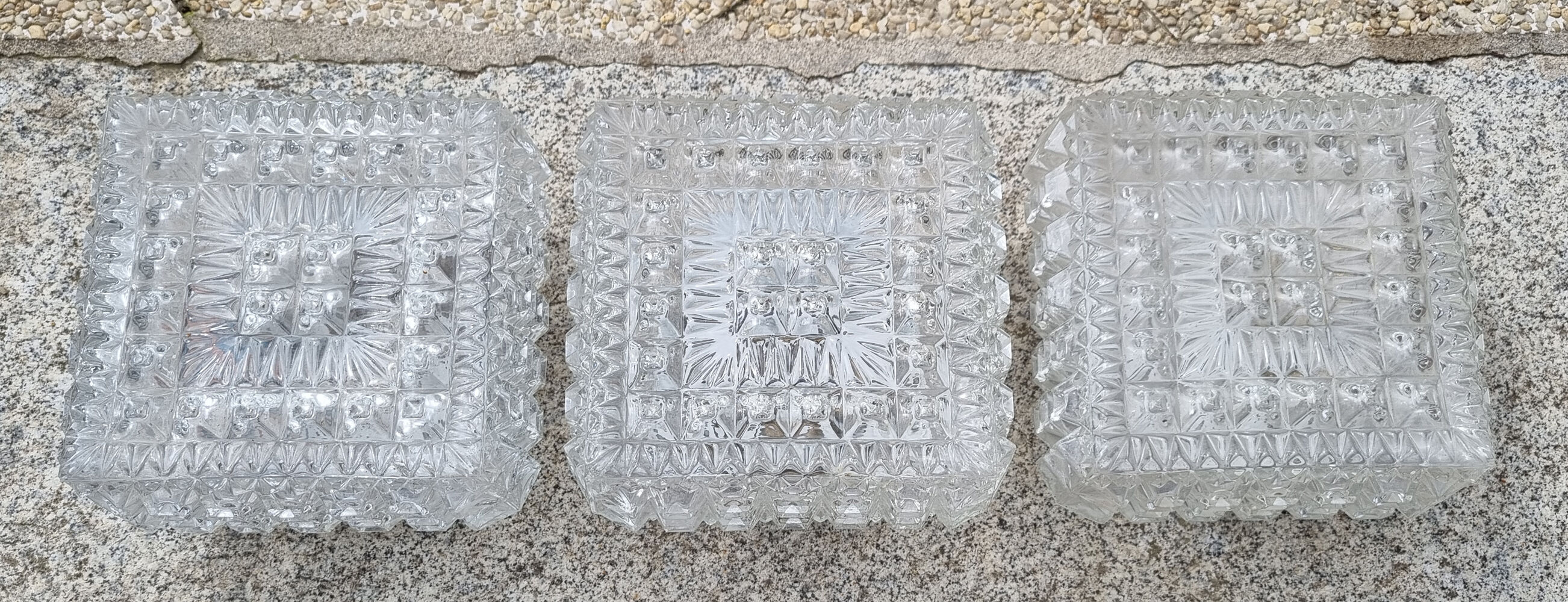 Three square ceiling lights, glass, vintage, 50s