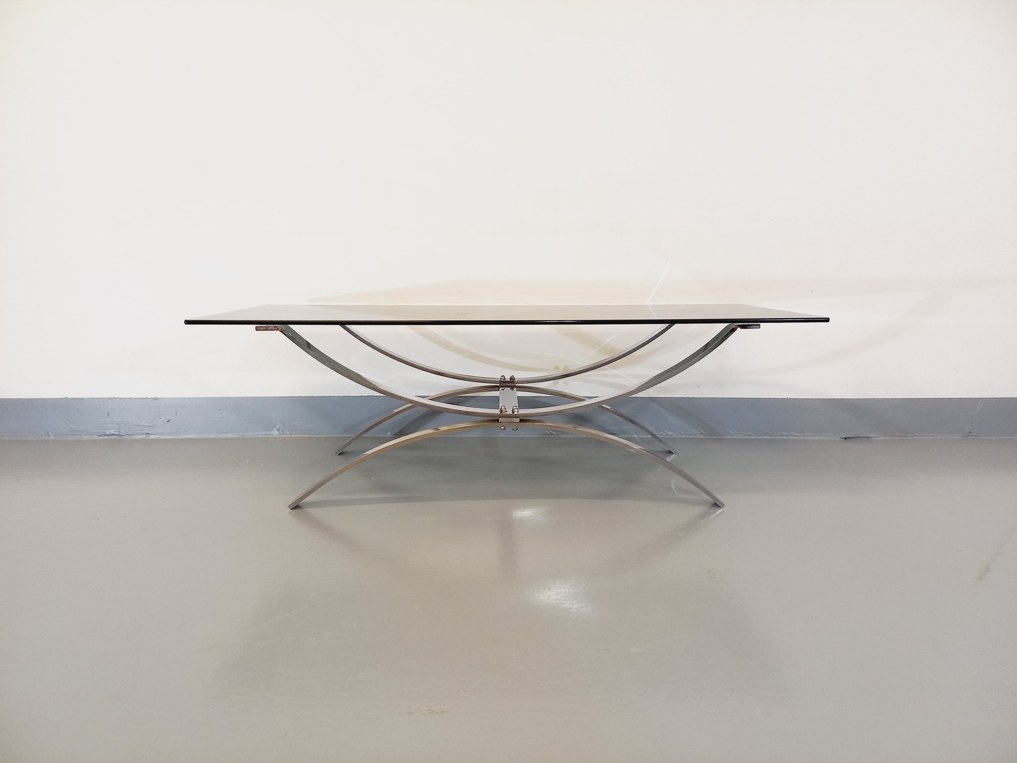 Vintage glass and chromed metal coffee table from the 70s