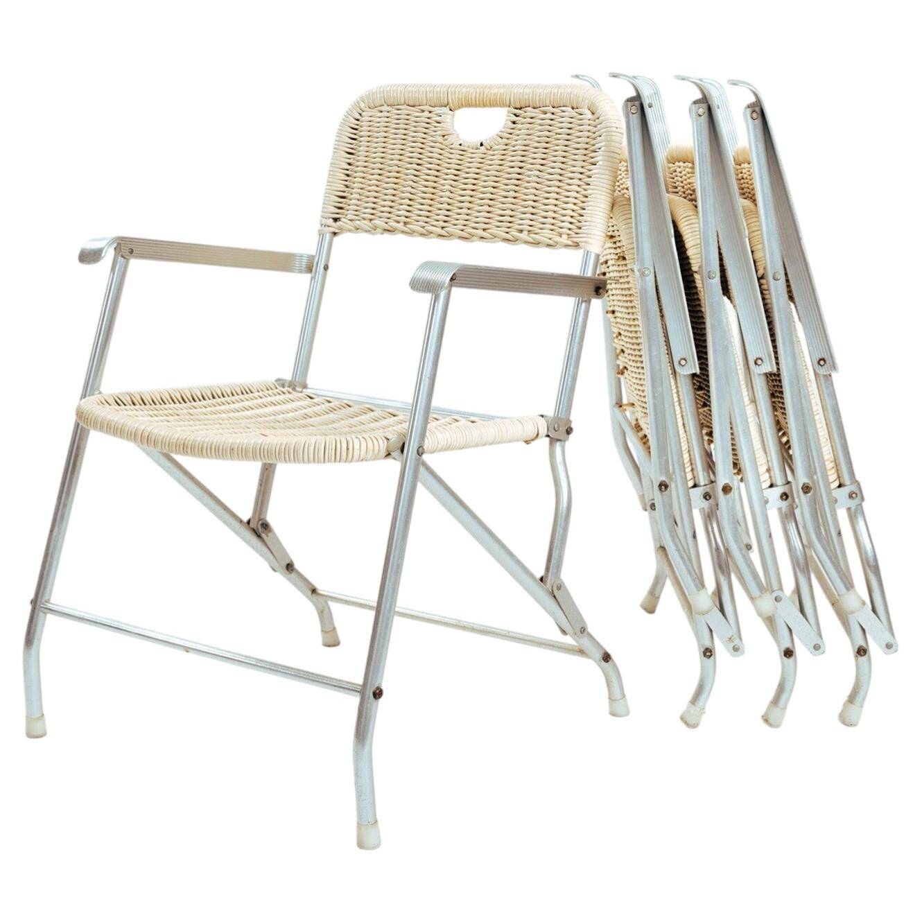 4 chaises de jardin pliantes en osier Tossa de style mid-century par Hilbrant, Italie, années 1960.