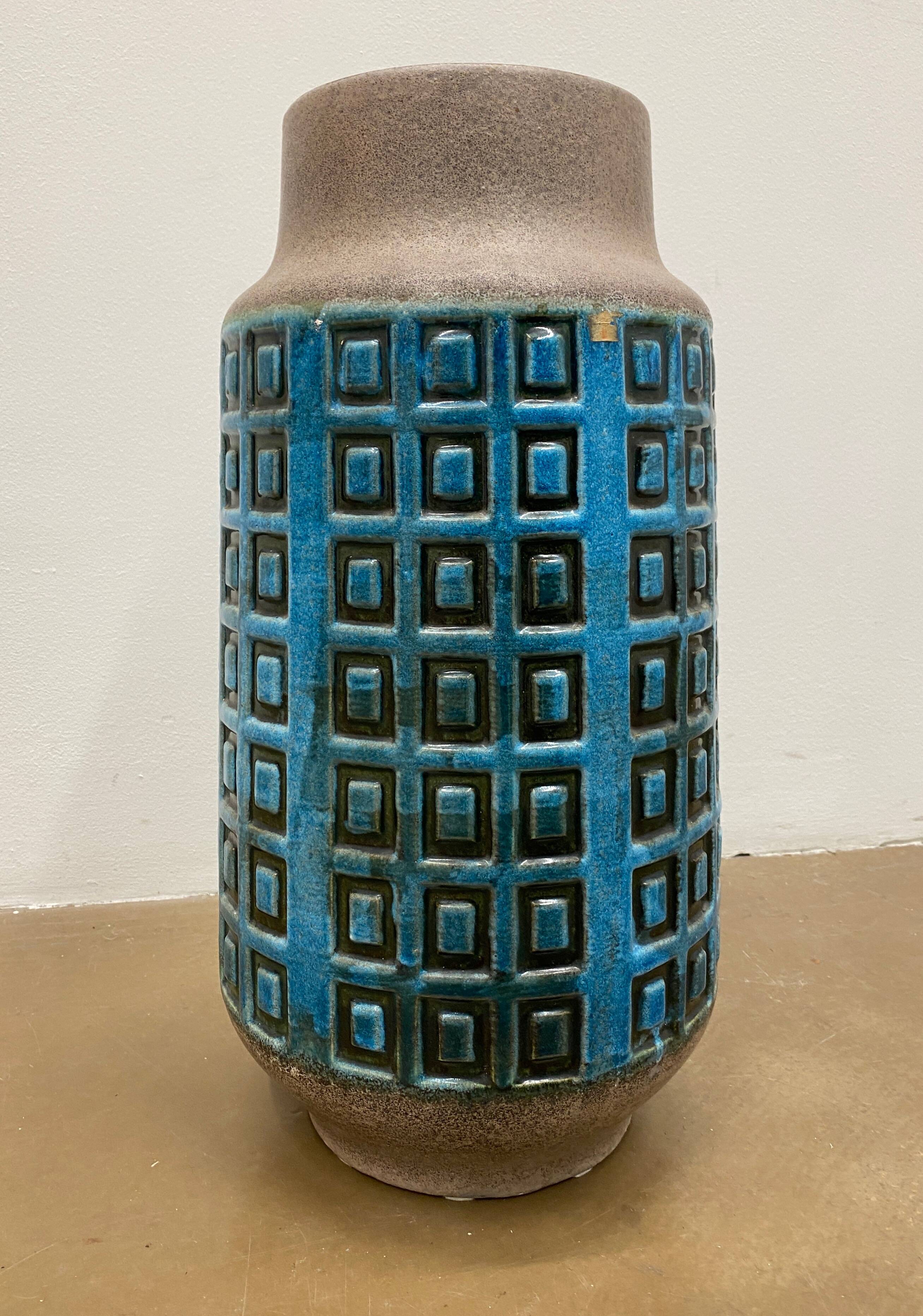 Large blue ceramic mid-century modern vase with graphic pattern