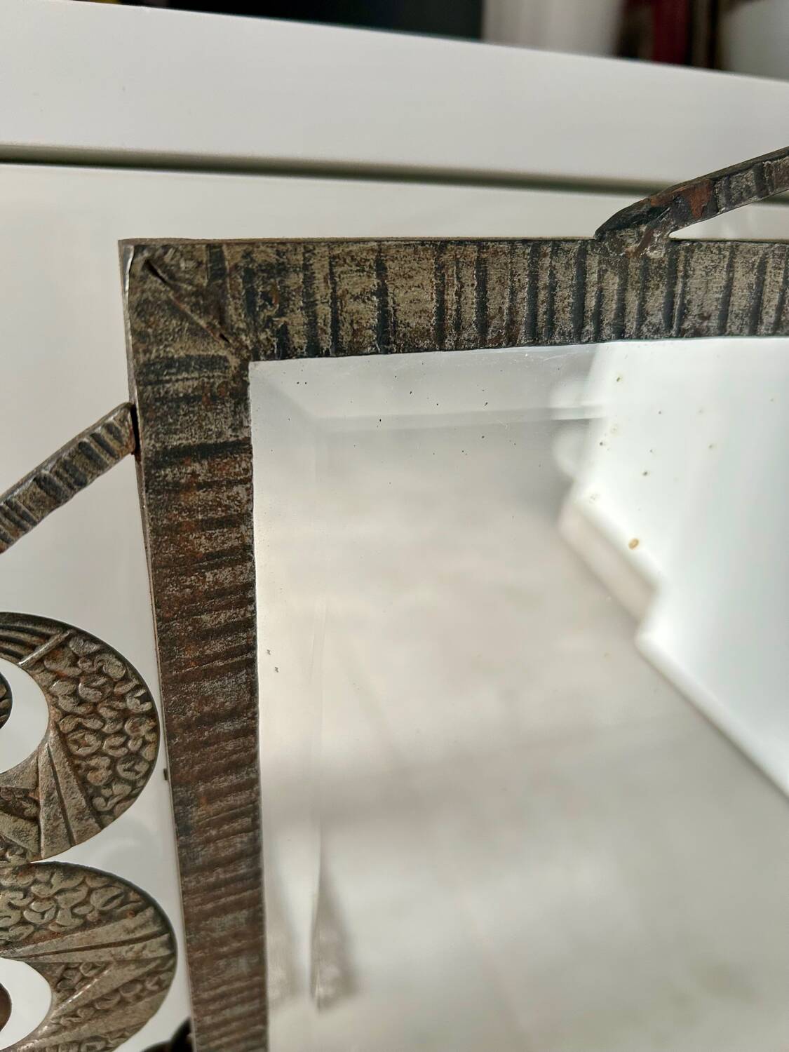 Art Deco mirror 1930 hammered iron and beveled mirror