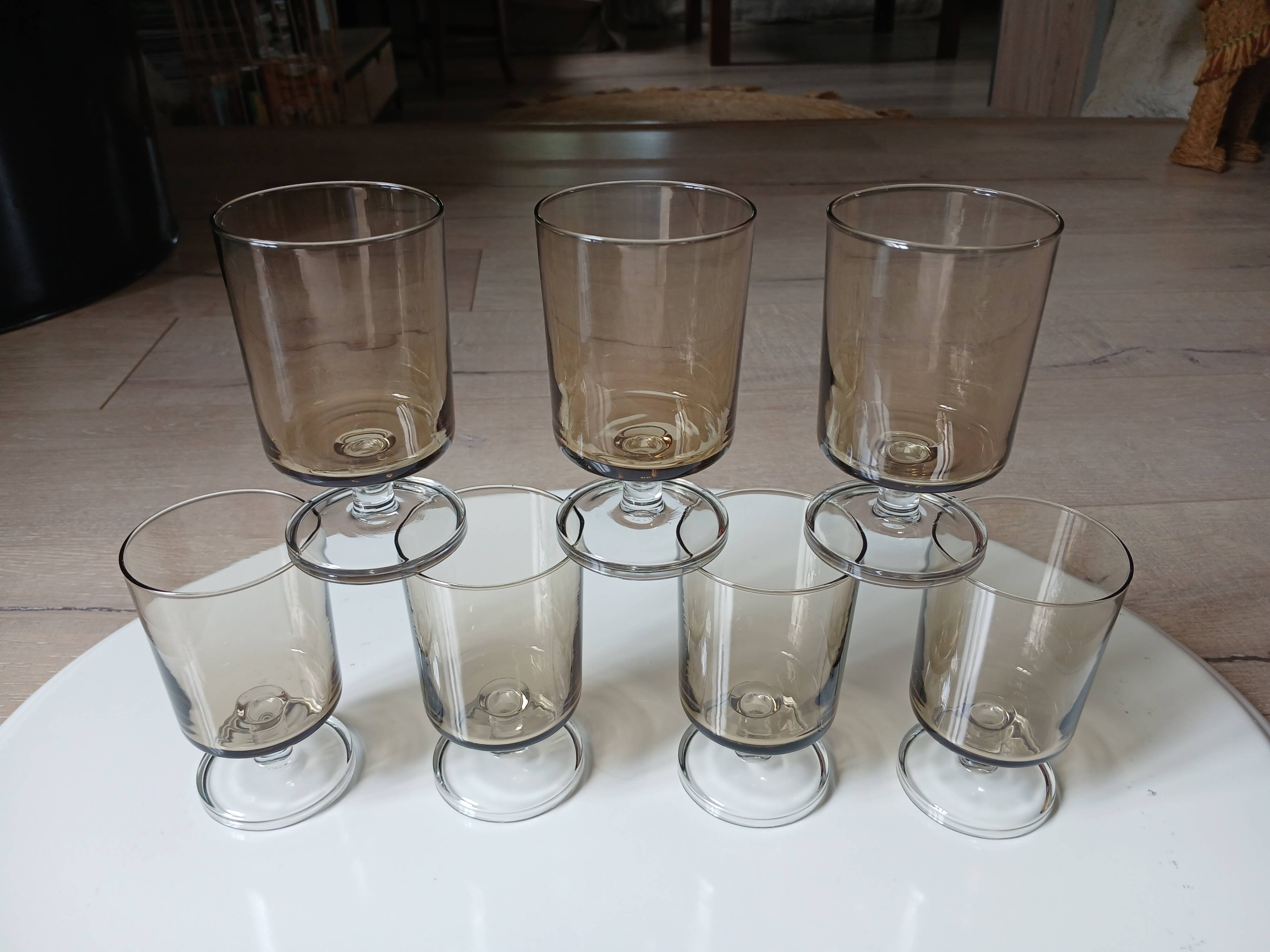 7 vintage stemmed glasses in smoked glass