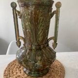 Vase amphore ancien en barbotine – Faïence décor grec antique – Signé 0E V
