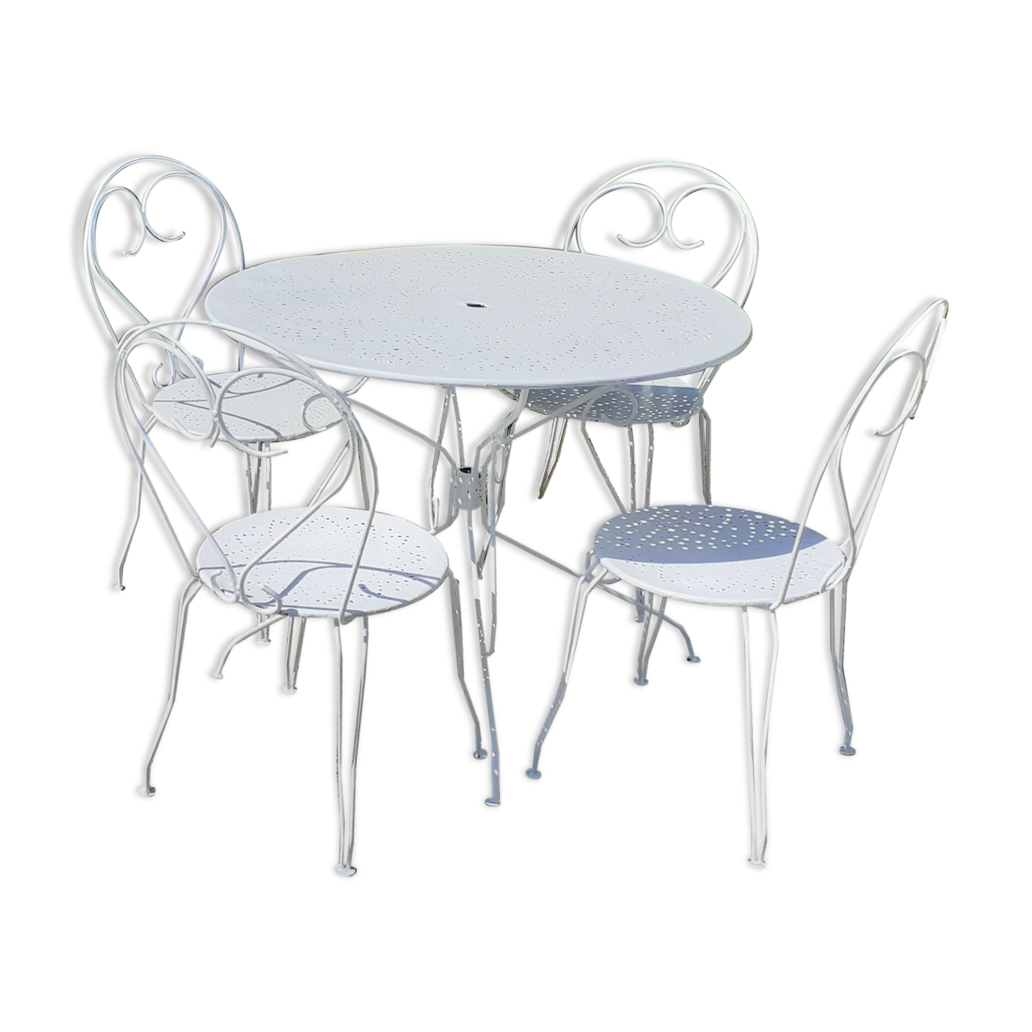 Salon de jardin 1 table 2 chaises 2 fauteuils en fer forgé ancien blanc