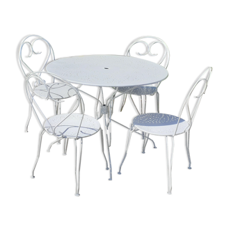 Salon de jardin 1 table 2 chaises 2 fauteuils en fer forgé ancien blanc