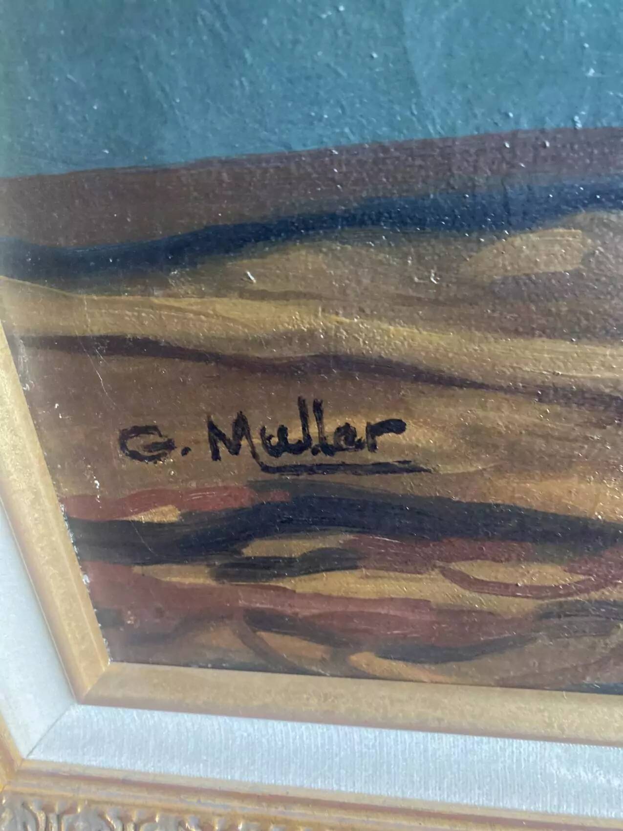 Old painting, oil on canvas "bouquet of dahlias" signed G. Müller, 20th Century School