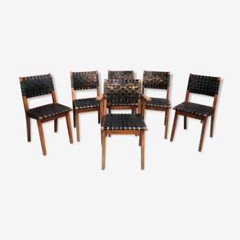 Lot de 5 chaises et 1 fauteuil dans le goût de Jean Rison pour Knoll 1940