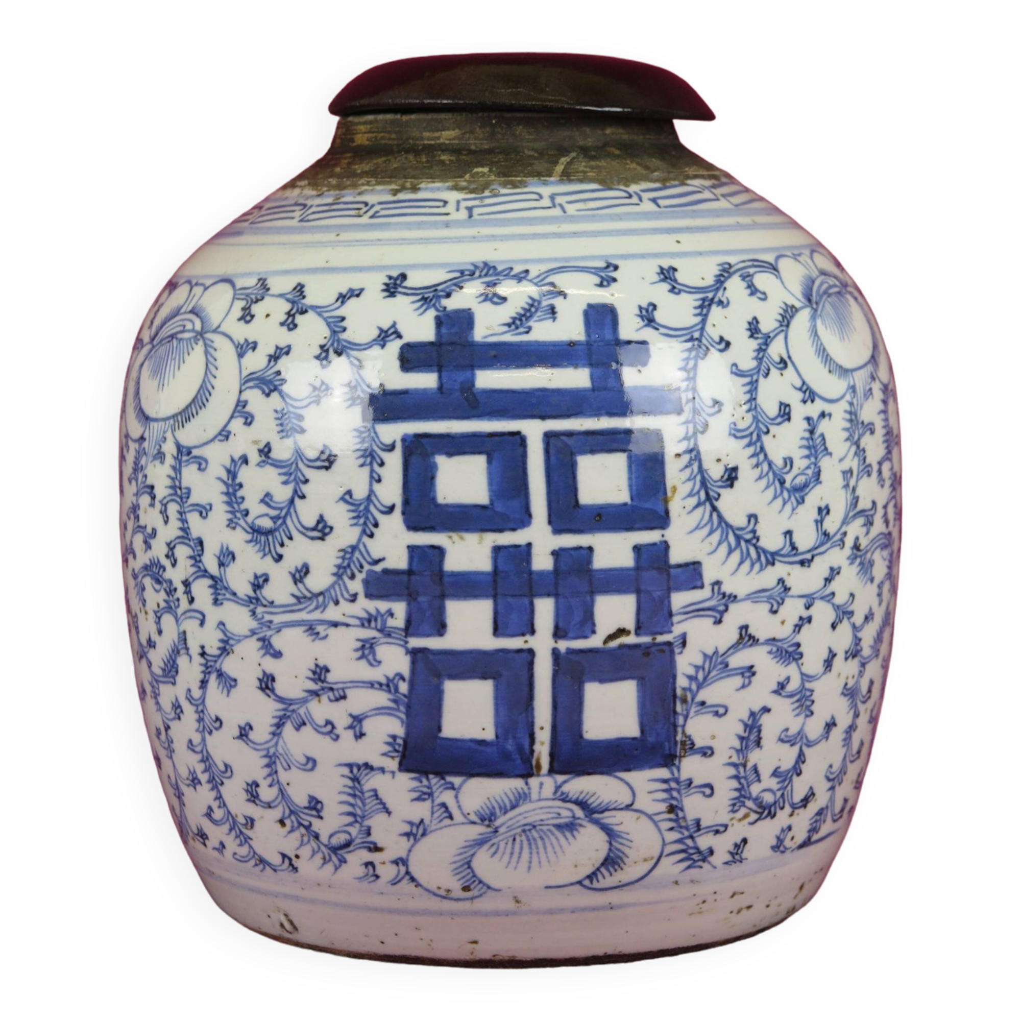 Vintage ceramic vase from China hand painted white blue wooden lid CM2