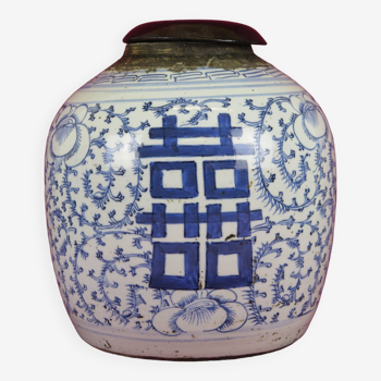 Vase vintage en céramique de Chine peint à la main couvercle en bois bleu blanc CM2