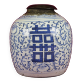 Vase vintage en céramique de Chine peint à la main couvercle en bois bleu blanc CM2