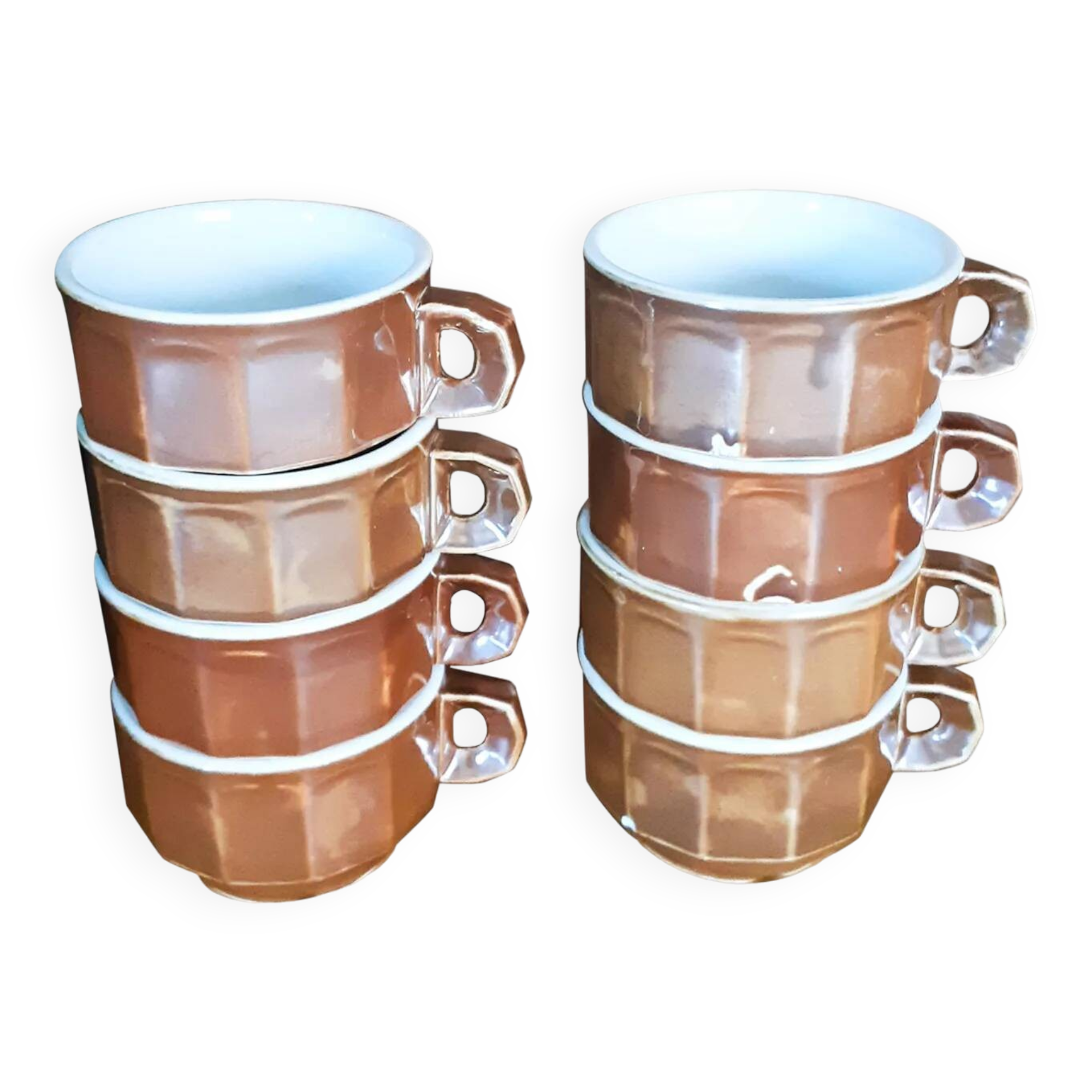 8 tasses à café de bistrot marron et blanche, en porcelaine, vintage