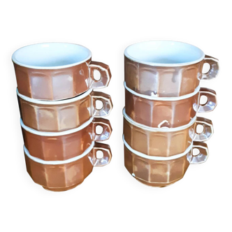 8 tasses à café de bistrot marron et blanche, en porcelaine, vintage